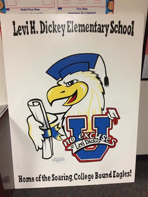 Logo featuring Levi H. Dickey Elementary School name, Eagle mascot, and No Excuses University logo